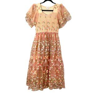Noliabae Lily Smocked Embroidered Dress Peach XS Pre-Loved